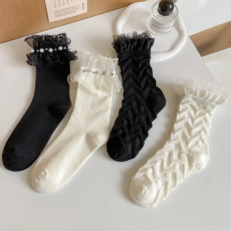 Wpmem's Summer Spring Cotton French Sweet Style JK Lace Midtube Socks Organza Fashion Wooden Ear Pile Pile Socks Pearl Stockings