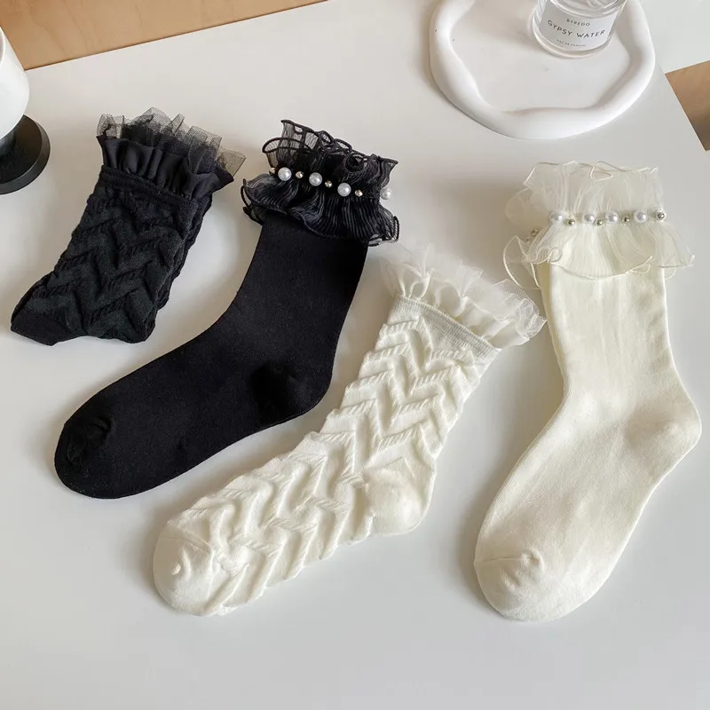 Wpmem's Summer Spring Cotton French Sweet Style JK Lace Midtube Socks Organza Fashion Wooden Ear Pile Pile Socks Pearl Stockings