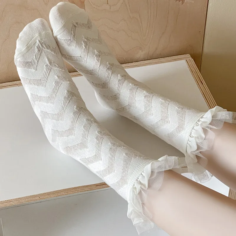 Wpmem's Summer Spring Cotton French Sweet Style JK Lace Midtube Socks Organza Fashion Wooden Ear Pile Pile Socks Pearl Stockings