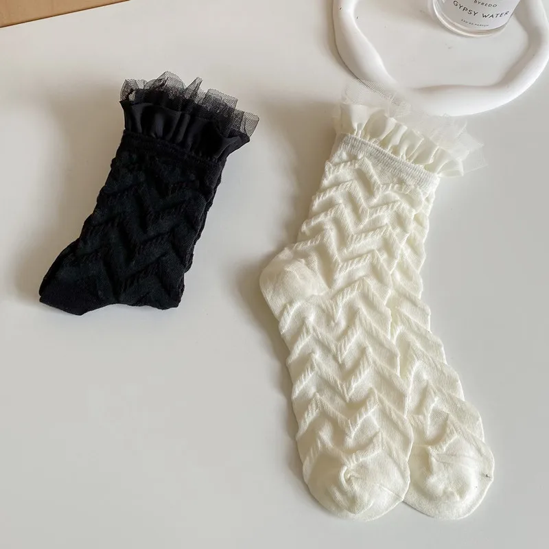 Wpmem's Summer Spring Cotton French Sweet Style JK Lace Midtube Socks Organza Fashion Wooden Ear Pile Pile Socks Pearl Stockings