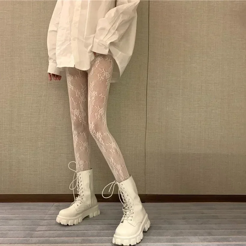 Sexy Black White Lolita Hollowed Lace Mesh Stockings Bottomed Pantyhose Japanese Goth Floral Rattan Tights Hot Classic Leggings