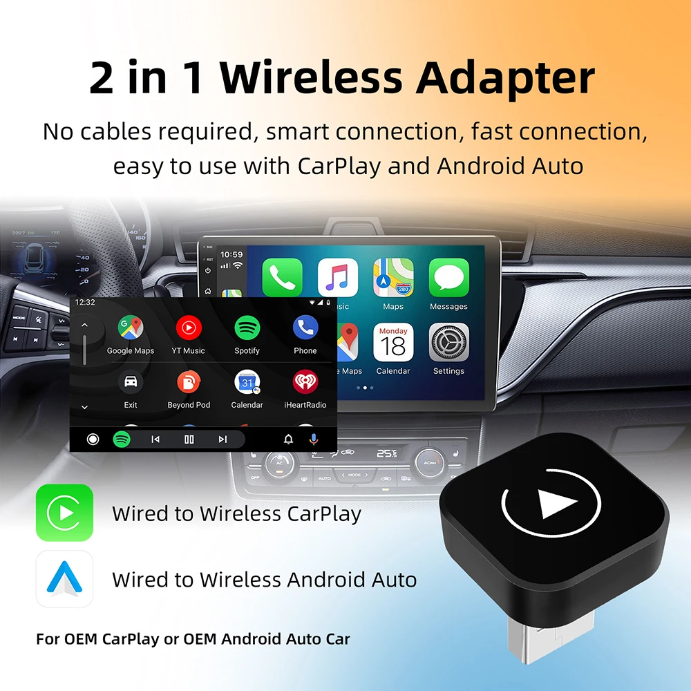 2in1 Wireless CarPlay Dongle Wireless Android Auto Adapter AI Smart Box Car Intelligent Systems For Car With Wired CarPlay