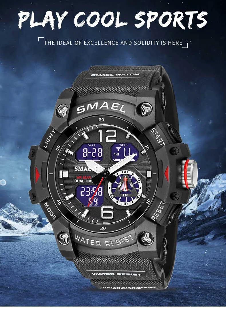 SMAEL Sport Watch Military Wristwatch for Men Alarm Stopwatch LED Digital Back Light Dual Time Display Waterproof Watch Men 8007