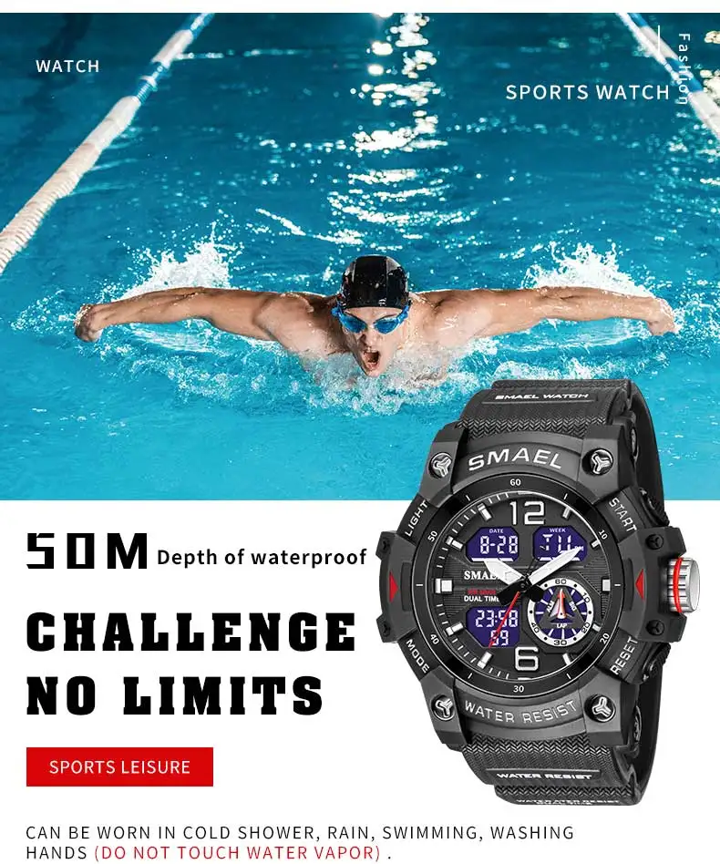SMAEL Sport Watch Military Wristwatch for Men Alarm Stopwatch LED Digital Back Light Dual Time Display Waterproof Watch Men 8007
