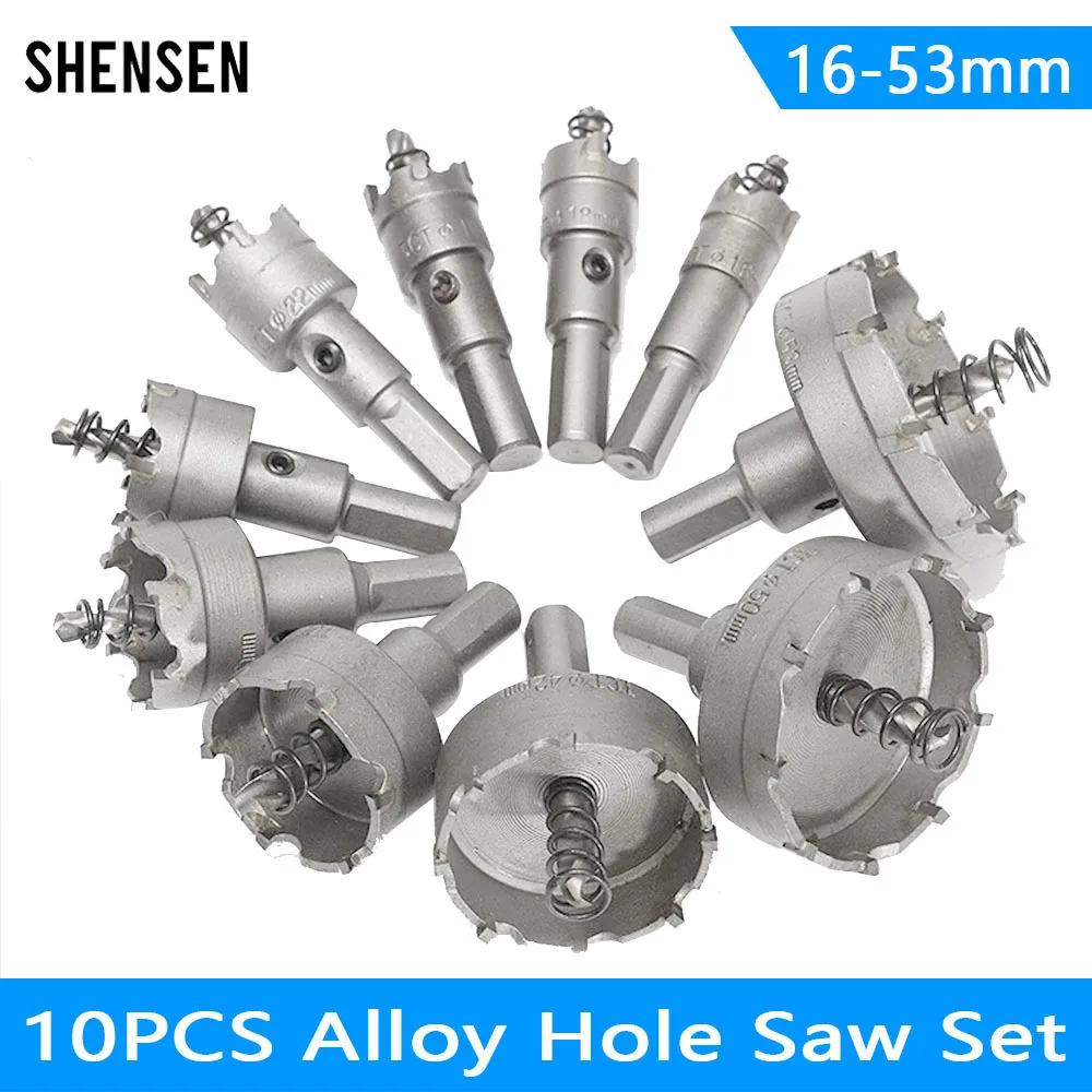 10Pcs16-53mm Alloy Hole Saw Set Carbide Tip TCT Metal Cutter Core Drill Bit Kits for Stainless Steel Metal Drilling Crown