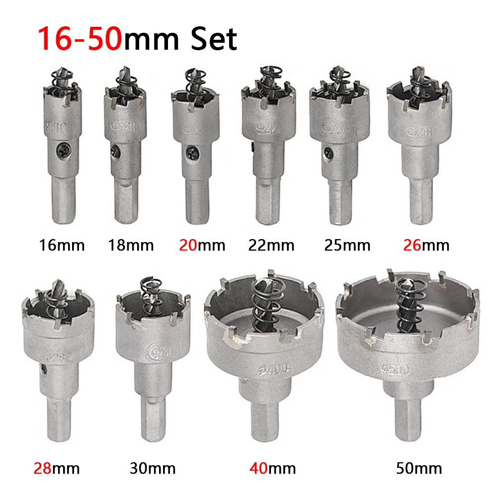 10Pcs16-53mm Alloy Hole Saw Set Carbide Tip TCT Metal Cutter Core Drill Bit Kits for Stainless Steel Metal Drilling Crown