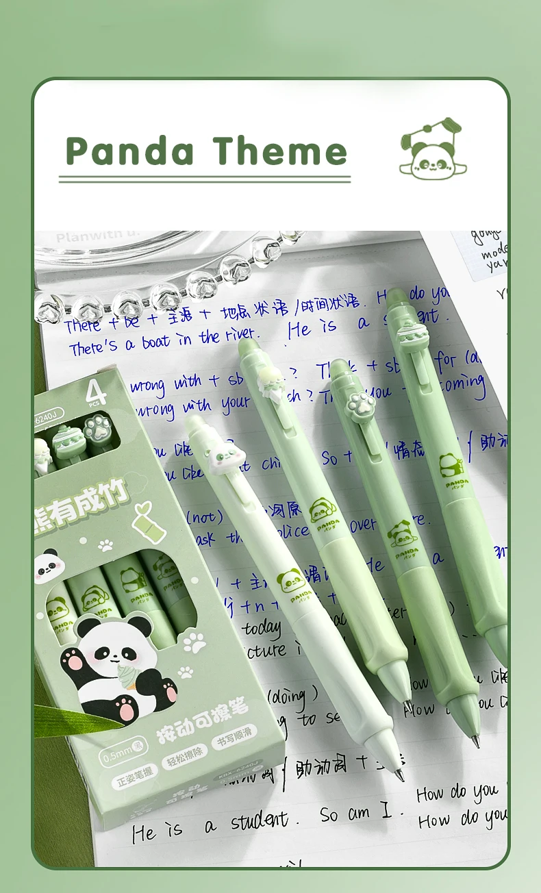 4PC Erasable Pen Neutral Pen Cartoon Sleeve Moyi Button Pen Upright Posture Thermal Eraser High Aesthetic Value Press Protection
