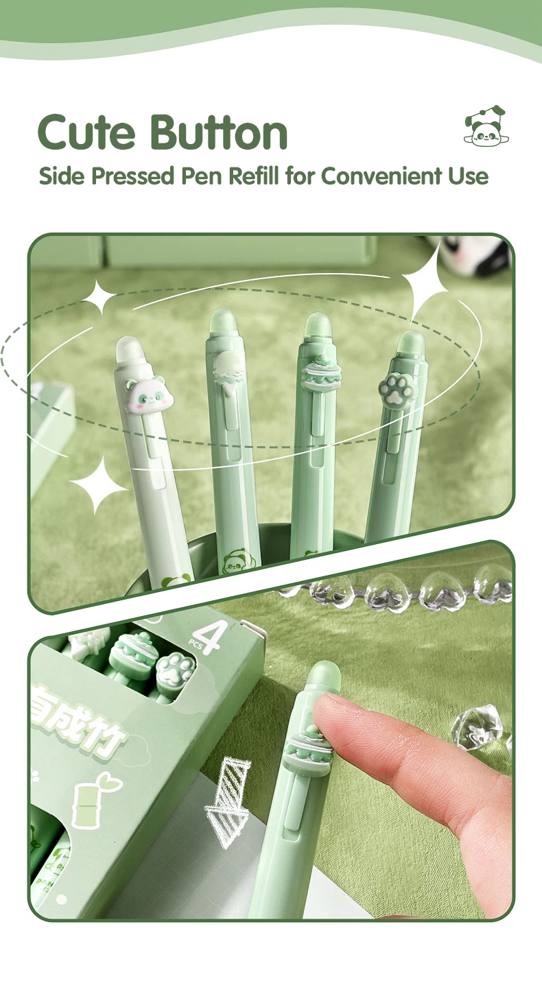 4PC Erasable Pen Neutral Pen Cartoon Sleeve Moyi Button Pen Upright Posture Thermal Eraser High Aesthetic Value Press Protection