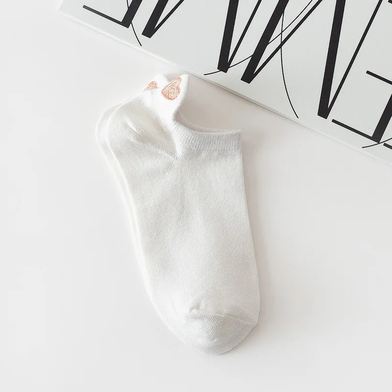 5 Pairs Cute White Socks Women Embroidered Short Ankle Socks Coffee Rabbit Bear Bowknot Love Heart Expression Cotton Boat Socks