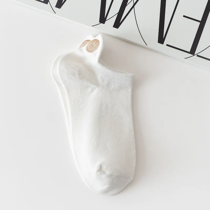 5 Pairs Cute White Socks Women Embroidered Short Ankle Socks Coffee Rabbit Bear Bowknot Love Heart Expression Cotton Boat Socks