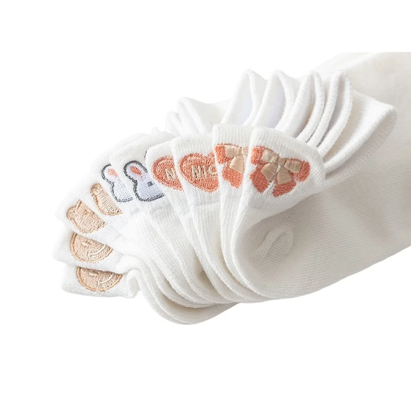 5 Pairs Cute White Socks Women Embroidered Short Ankle Socks Coffee Rabbit Bear Bowknot Love Heart Expression Cotton Boat Socks