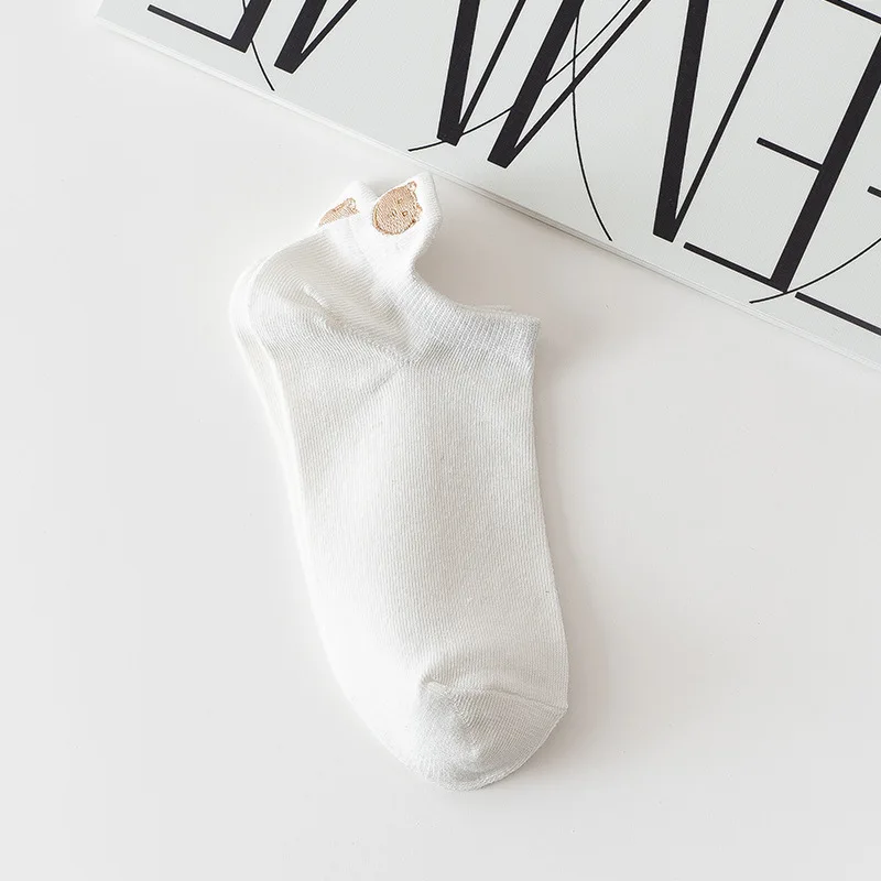 5 Pairs Cute White Socks Women Embroidered Short Ankle Socks Coffee Rabbit Bear Bowknot Love Heart Expression Cotton Boat Socks