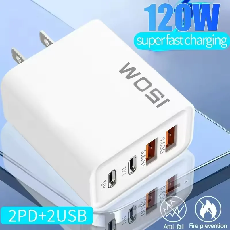 4 Port 120W USB C Fast Charger Station PD QC3.0 Wall Adapter Data Cable For iPhone Samsung Xiaomi Huawei EU US UK Plug Travel