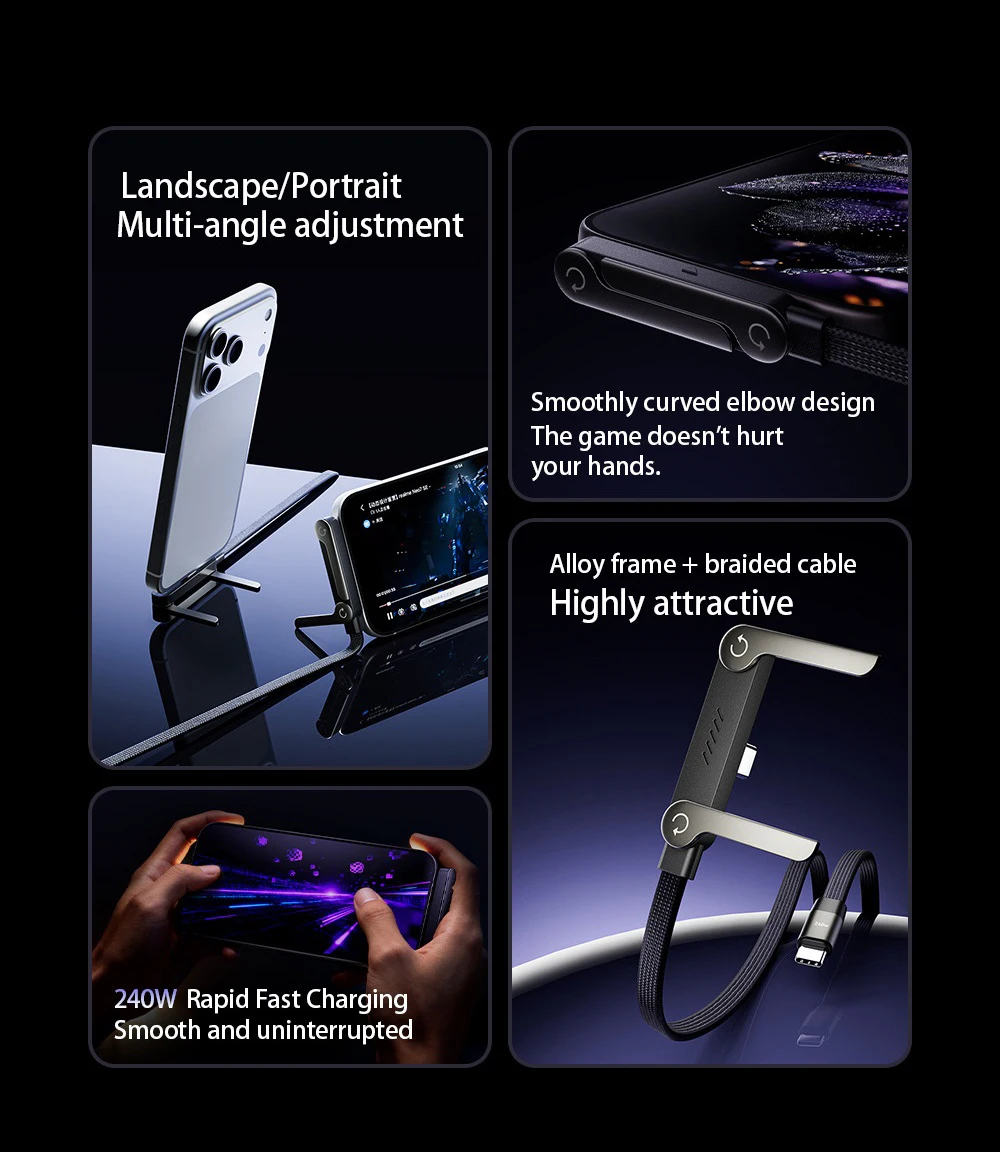 240W 2 in 1 USB C to USB C Fast Charging Foldable Bracket Data Cable Type C Desktop Holder Charging Wire For Iphone17 16 Samsung