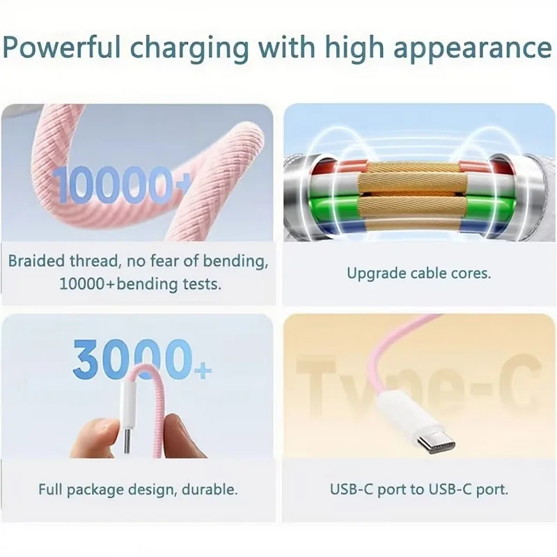 60W PD Nylon Braided USB-C to USB C Fast Charger Cable For iPhone 17 16 15 /Pro Max Compatibility Samsung Type C Fast Charging