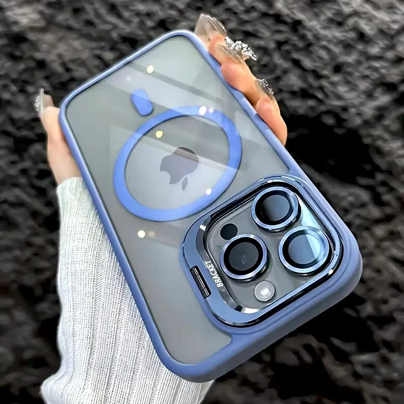 Luxury Magnetic Shockproof Phone Case For iPhone 15 14 13 12 16 17 Pro Max Plus Air 11 Funda Stand Glass Lens Protection Cover
