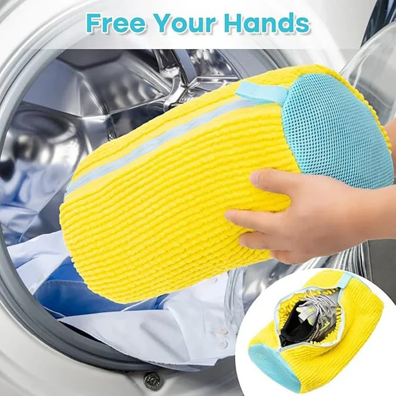 Fluffy Fiber Shoe Washing Bag 360° Surround Cleaning Reusable Durable Machine-Washable Laundry Bag with Zipper Closure (1pc)
