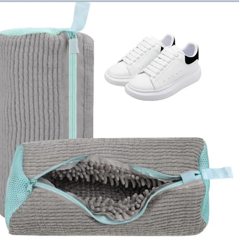 Fluffy Fiber Shoe Washing Bag 360° Surround Cleaning Reusable Durable Machine-Washable Laundry Bag with Zipper Closure (1pc)