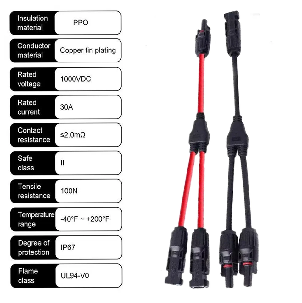 2Y Branch Parallel Connection 30A 1000V Electrical Solar Connector Photovoltaic 2pcs Solar Panel Cable Wire Connect