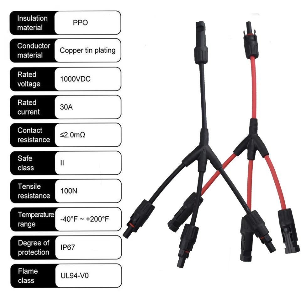 2Y Branch Parallel Connection 30A 1000V Electrical Solar Connector Photovoltaic 2pcs Solar Panel Cable Wire Connect