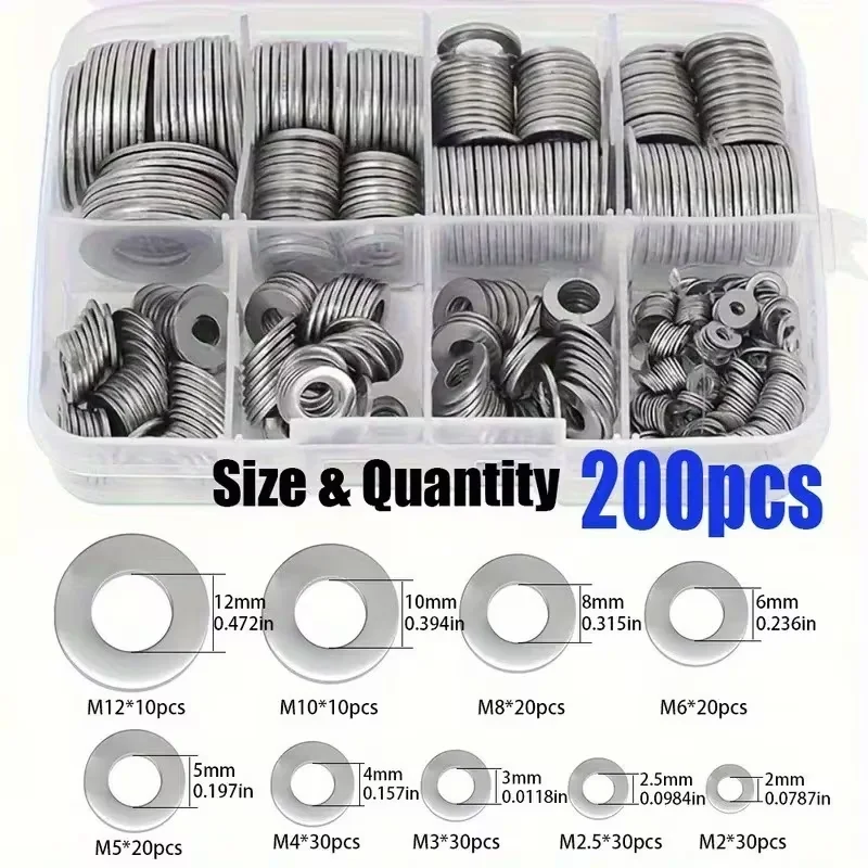 200/400pcs Stainless Steel Flat Washers Set (M2-M12) – Home DIY, Industrial Repair, Kitchen Decoration & Outdoor Maintenance