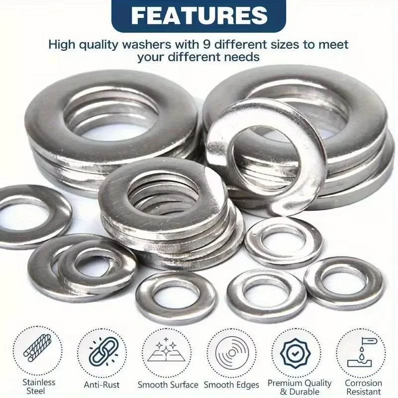200/400pcs Stainless Steel Flat Washers Set (M2-M12) – Home DIY, Industrial Repair, Kitchen Decoration & Outdoor Maintenance