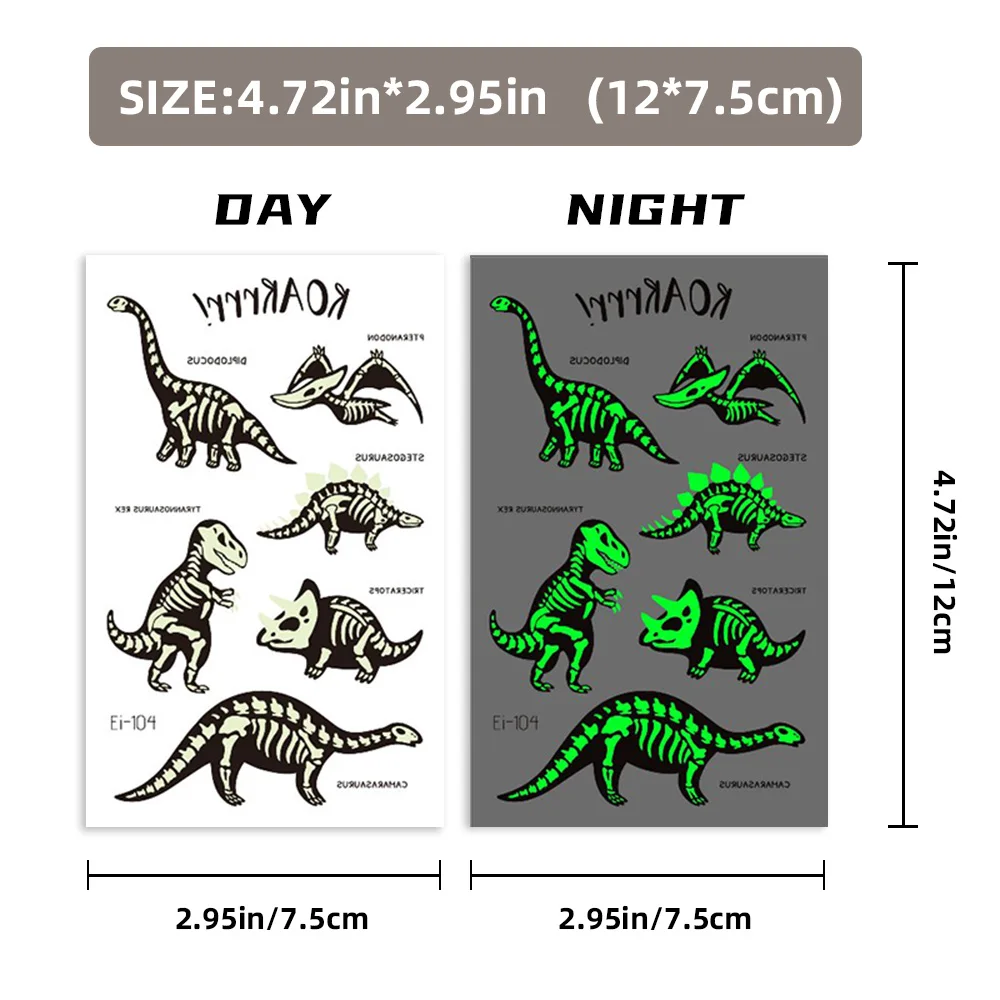 10 Sheets Luminous Dinosaur Temporary Tattoos, Waterproof Glow In The Dark T-Rex Pterosaur Velociraptor Triceratops Stegosaur De