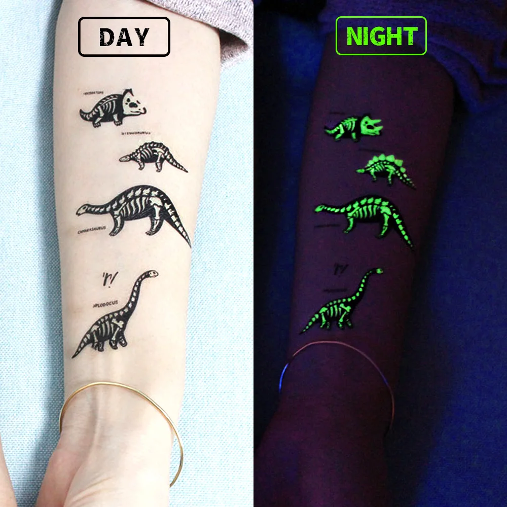 10 Sheets Luminous Dinosaur Temporary Tattoos, Waterproof Glow In The Dark T-Rex Pterosaur Velociraptor Triceratops Stegosaur De