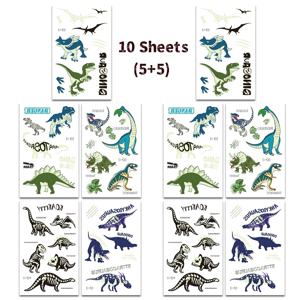 10 Sheets Luminous Dinosaur Temporary Tattoos, Waterproof Glow In The Dark T-Rex Pterosaur Velociraptor Triceratops Stegosaur De