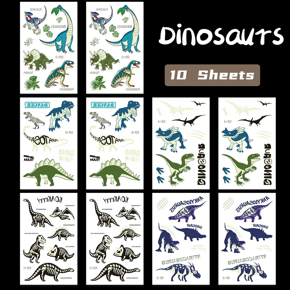 10 Sheets Luminous Dinosaur Temporary Tattoos, Waterproof Glow In The Dark T-Rex Pterosaur Velociraptor Triceratops Stegosaur De