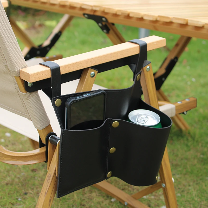 Camping Chair Pocket, Beach Chair Pouch with 2 Leather Pockets, Wheelchair Side Bag for Bedside/Outdoor/Beach/Camping