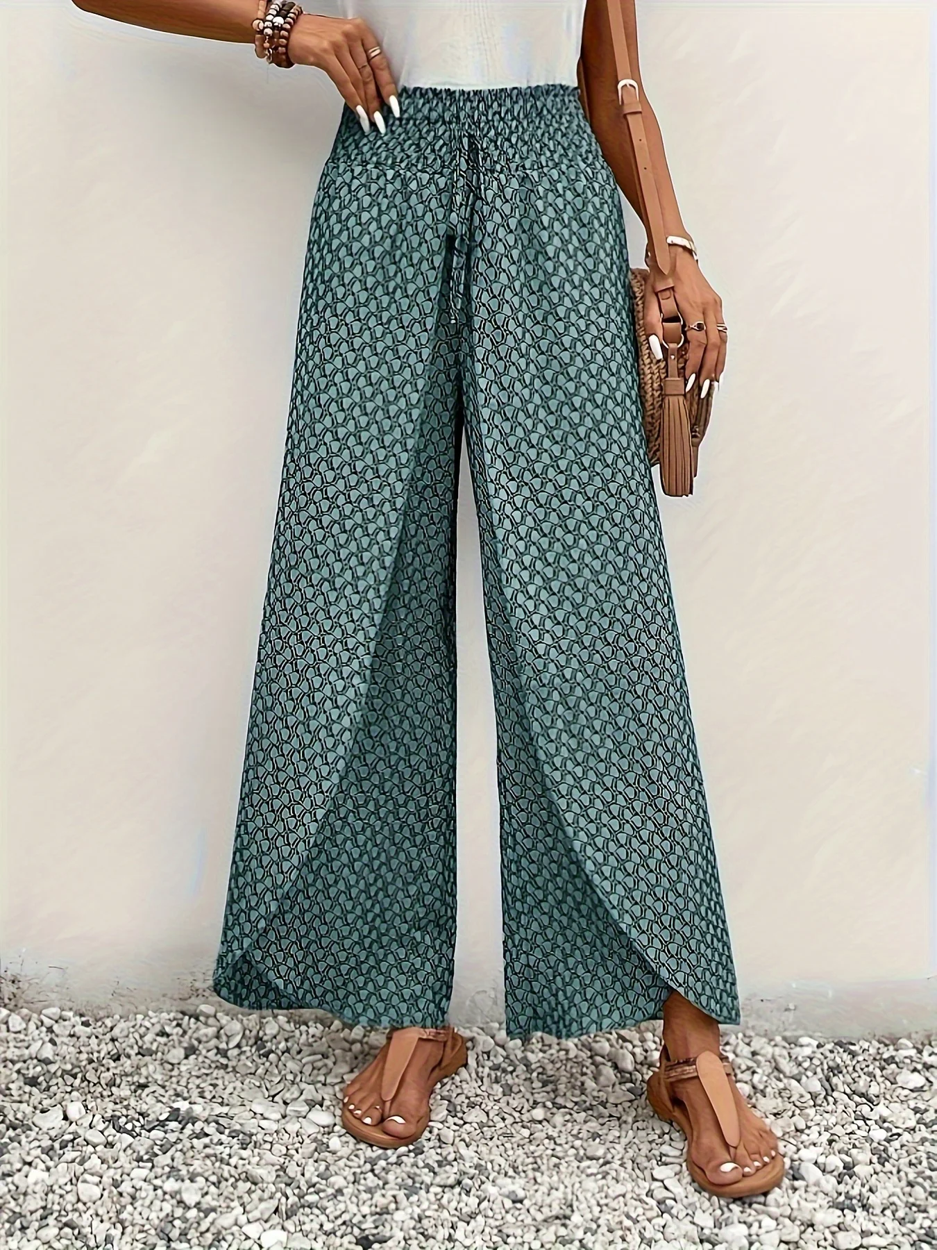 Spring Summer Women Elegant Wide Legs Pants Casual Vacation Beach Print Trousers Office Lady Loose High Waist Pants