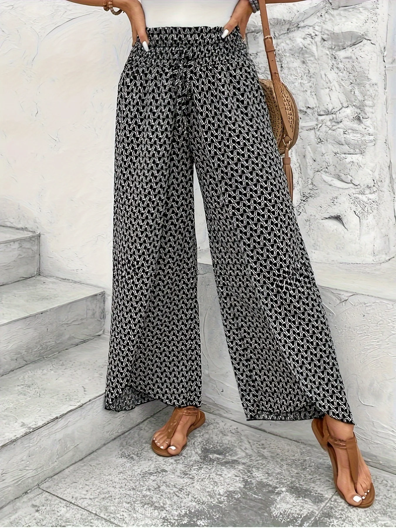 Spring Summer Women Elegant Wide Legs Pants Casual Vacation Beach Print Trousers Office Lady Loose High Waist Pants