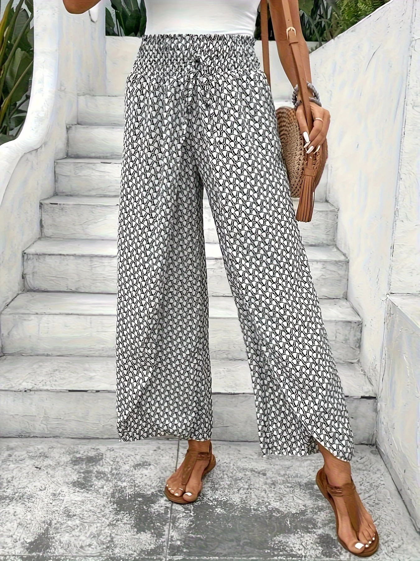 Spring Summer Women Elegant Wide Legs Pants Casual Vacation Beach Print Trousers Office Lady Loose High Waist Pants