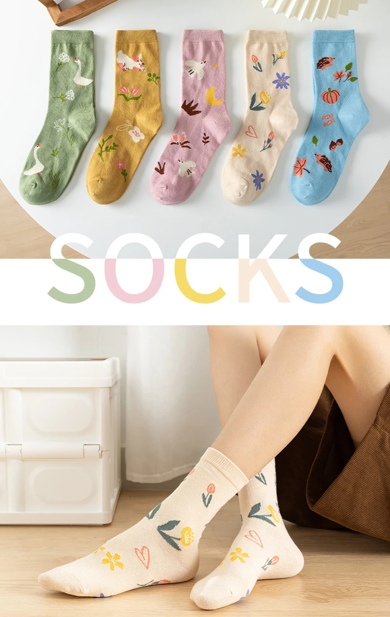 Socks Women Autumn Winter Japanese Flower Cartoon Animal Goose Dog Bird Cute Hedgehog Soft Absorption Ins Cotton Mid-tube Sock