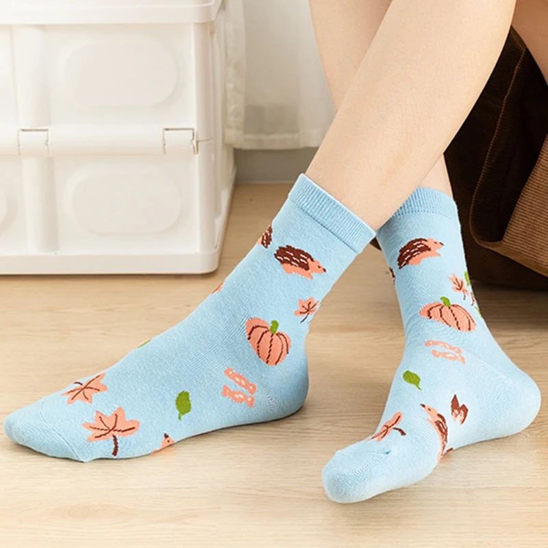 Socks Women Autumn Winter Japanese Flower Cartoon Animal Goose Dog Bird Cute Hedgehog Soft Absorption Ins Cotton Mid-tube Sock