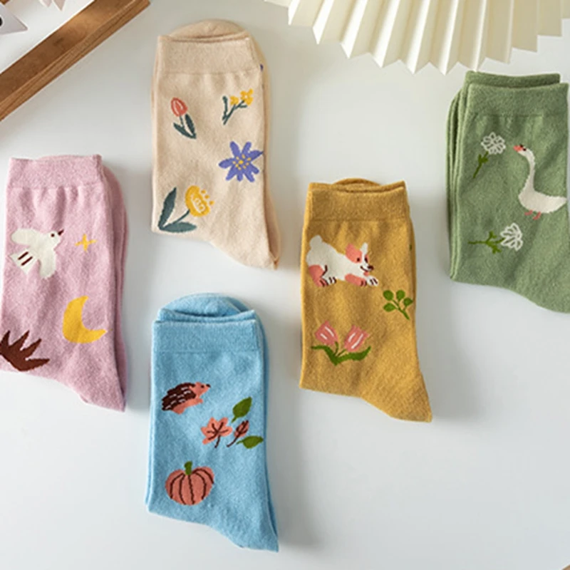 Socks Women Autumn Winter Japanese Flower Cartoon Animal Goose Dog Bird Cute Hedgehog Soft Absorption Ins Cotton Mid-tube Sock