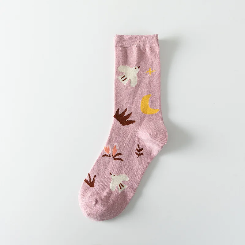 Socks Women Autumn Winter Japanese Flower Cartoon Animal Goose Dog Bird Cute Hedgehog Soft Absorption Ins Cotton Mid-tube Sock