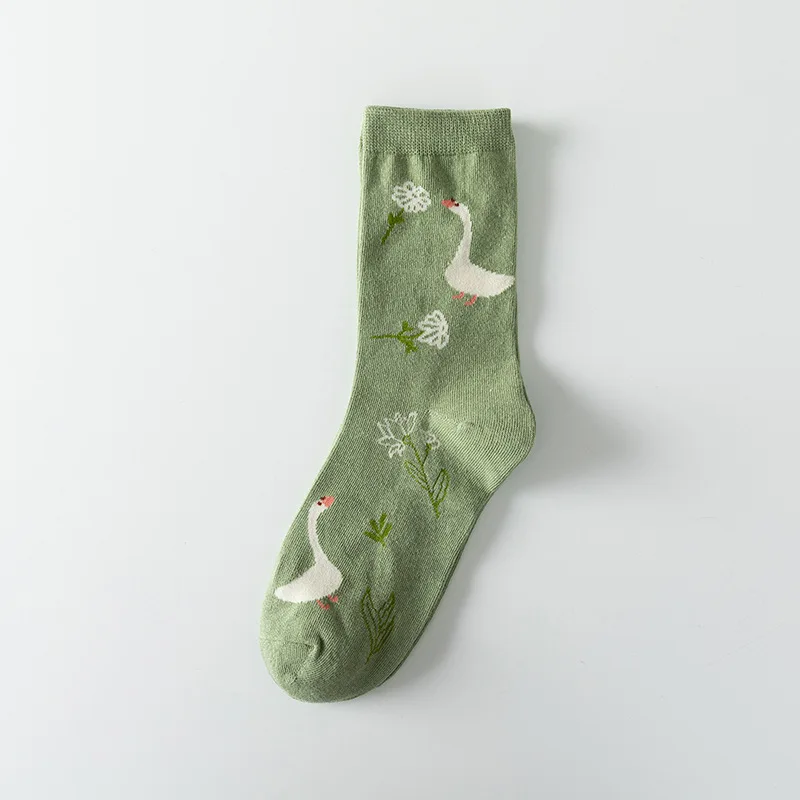 Socks Women Autumn Winter Japanese Flower Cartoon Animal Goose Dog Bird Cute Hedgehog Soft Absorption Ins Cotton Mid-tube Sock