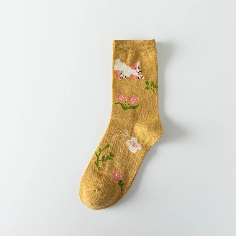 Socks Women Autumn Winter Japanese Flower Cartoon Animal Goose Dog Bird Cute Hedgehog Soft Absorption Ins Cotton Mid-tube Sock