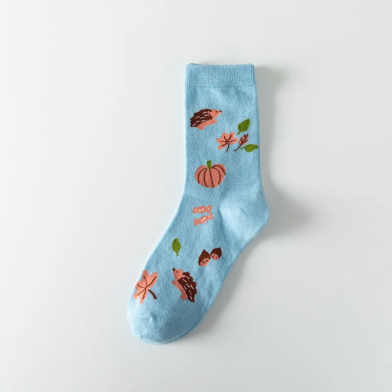 Socks Women Autumn Winter Japanese Flower Cartoon Animal Goose Dog Bird Cute Hedgehog Soft Absorption Ins Cotton Mid-tube Sock