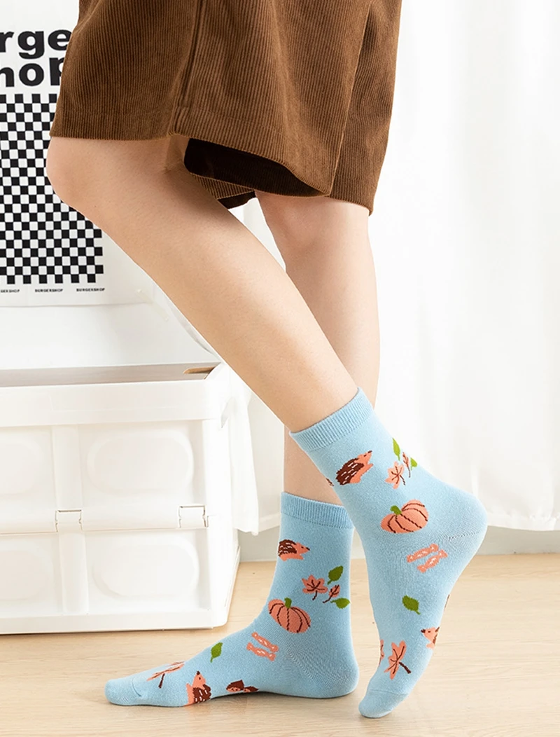 Socks Women Autumn Winter Japanese Flower Cartoon Animal Goose Dog Bird Cute Hedgehog Soft Absorption Ins Cotton Mid-tube Sock
