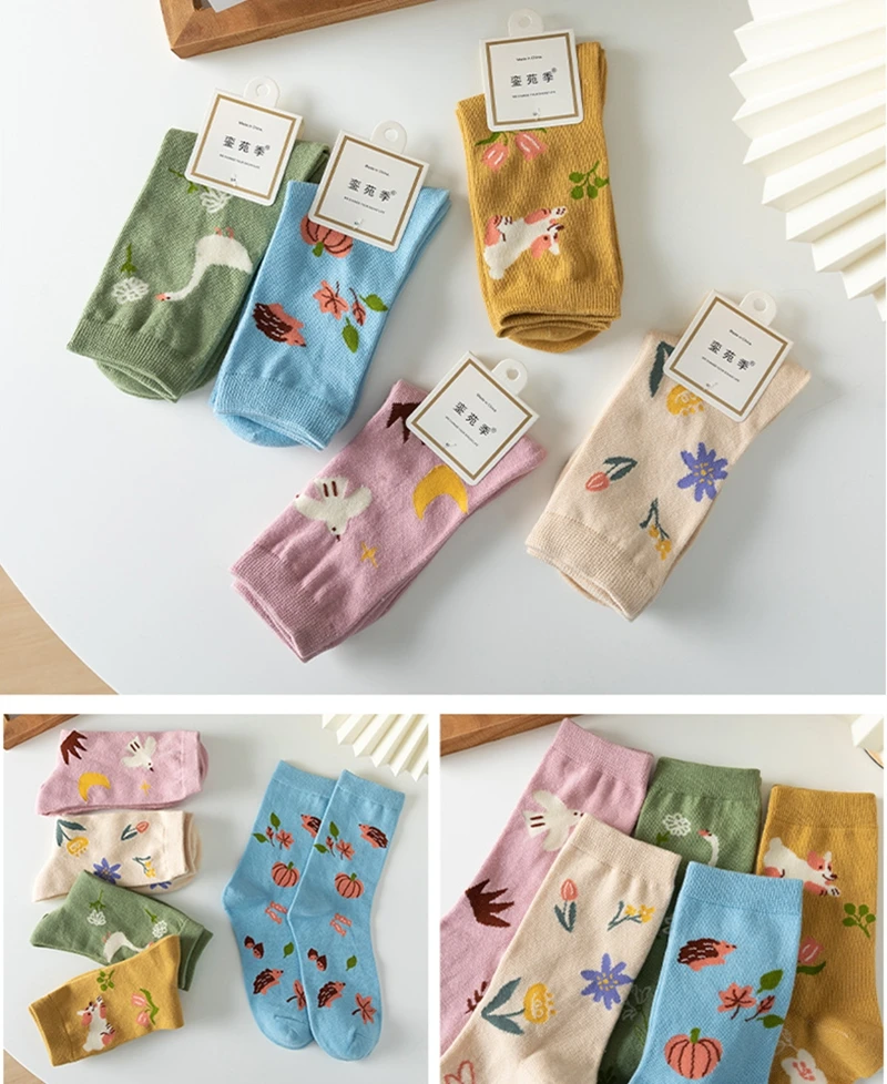 Socks Women Autumn Winter Japanese Flower Cartoon Animal Goose Dog Bird Cute Hedgehog Soft Absorption Ins Cotton Mid-tube Sock