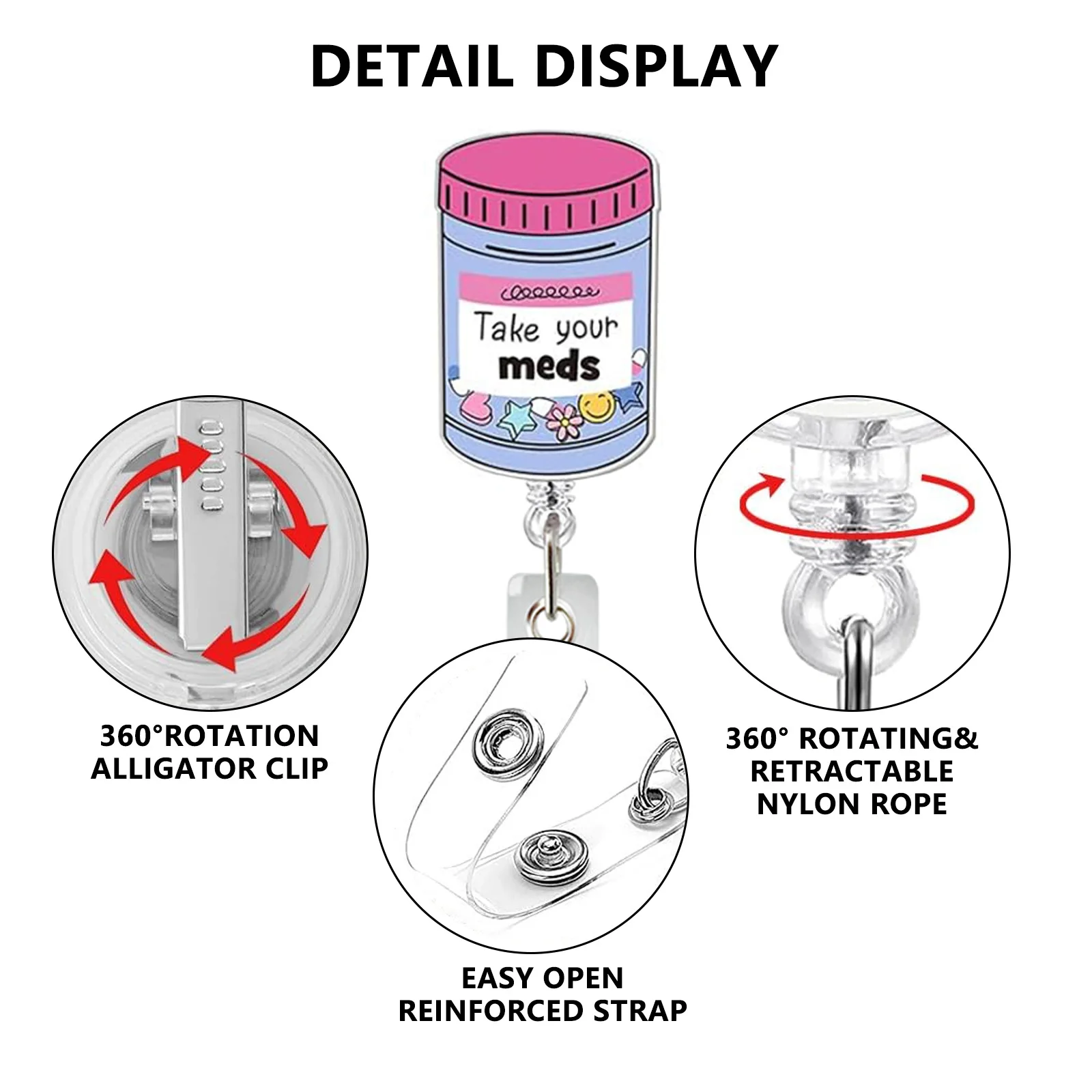 Glitter Acrylic Medicine Bottle Nurse Badge Reel Retractable ID Badge Holder With 360 Rotating Alligator Clip Name Holder