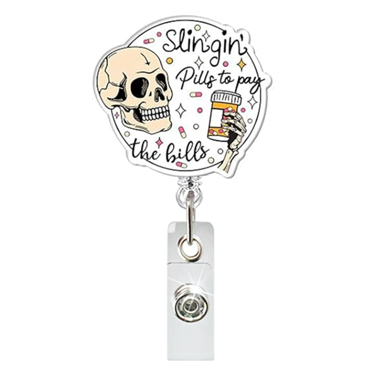 Glitter Acrylic Medicine Bottle Nurse Badge Reel Retractable ID Badge Holder With 360 Rotating Alligator Clip Name Holder