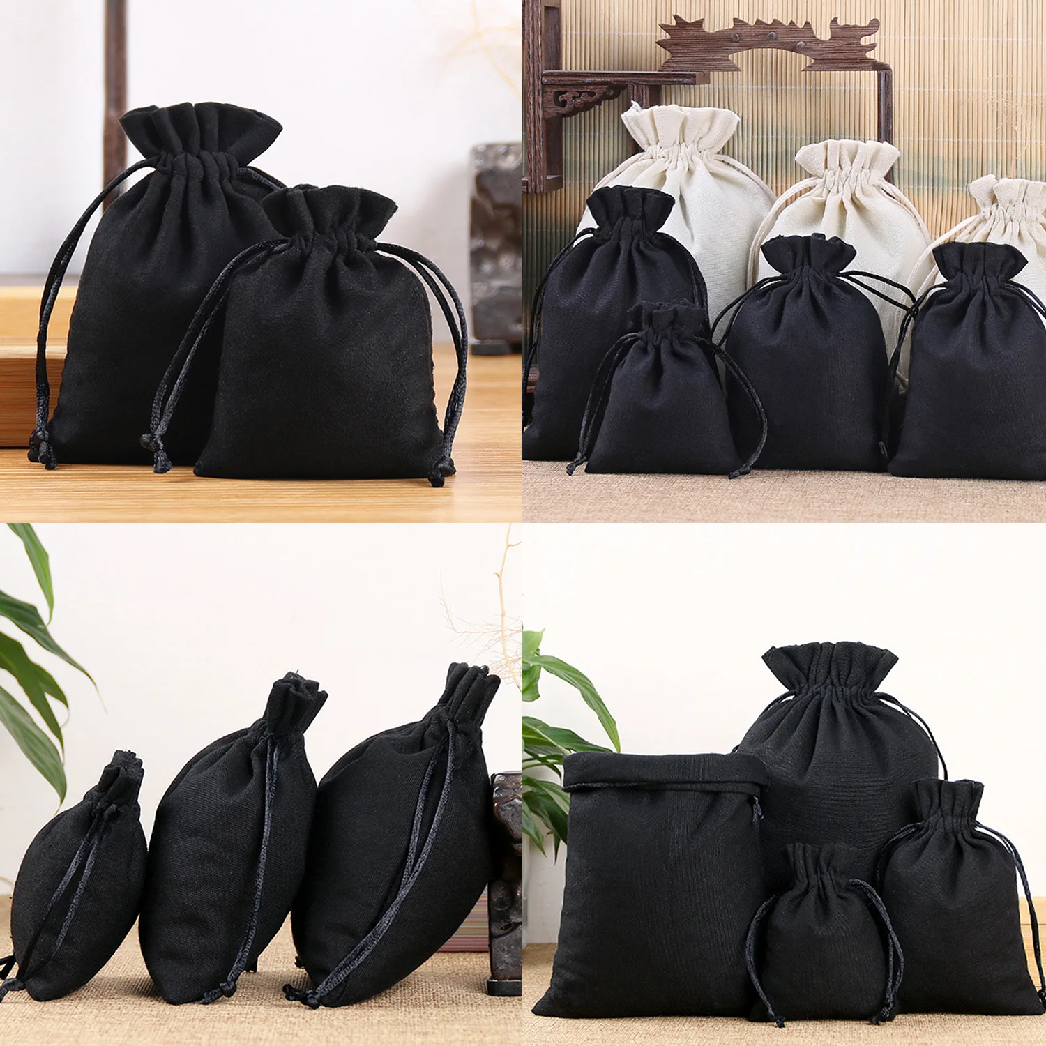 1 Pcs/Lot Black Thick Canvas Drawstring Wedding Pouches for Gift Package Home Organizer Heavy Duty Sturdy Cotton Storage Bags