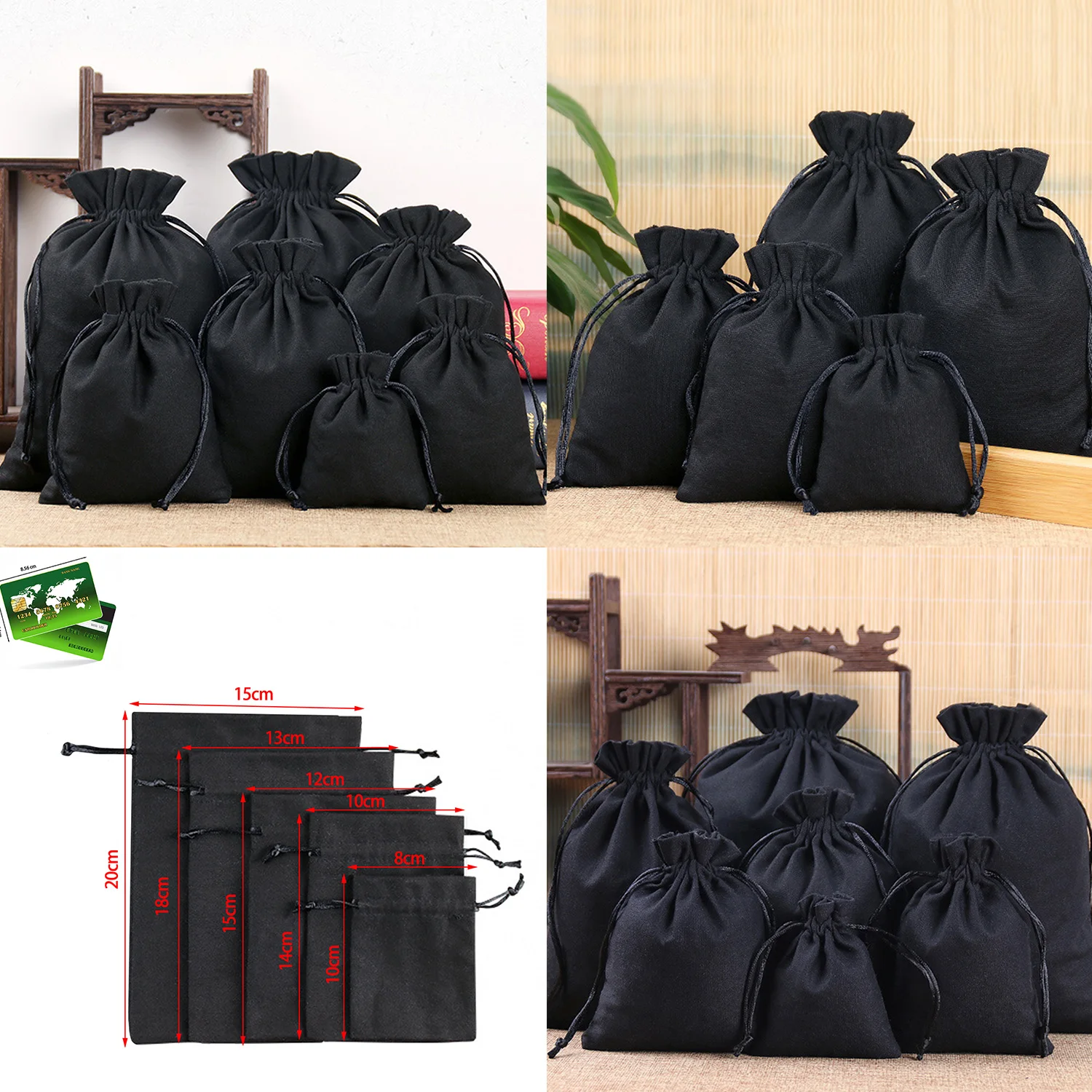 1 Pcs/Lot Black Thick Canvas Drawstring Wedding Pouches for Gift Package Home Organizer Heavy Duty Sturdy Cotton Storage Bags