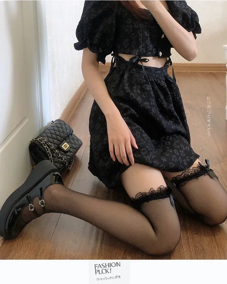 1 Pair Women Stockings Sexy Lace Bow Thigh High Stockings Japanese Style Lolita Knee High Socks Sweet Girls Kawaii Stockings