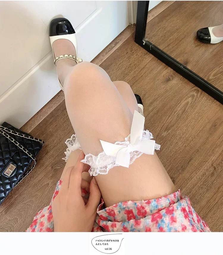 1 Pair Women Stockings Sexy Lace Bow Thigh High Stockings Japanese Style Lolita Knee High Socks Sweet Girls Kawaii Stockings