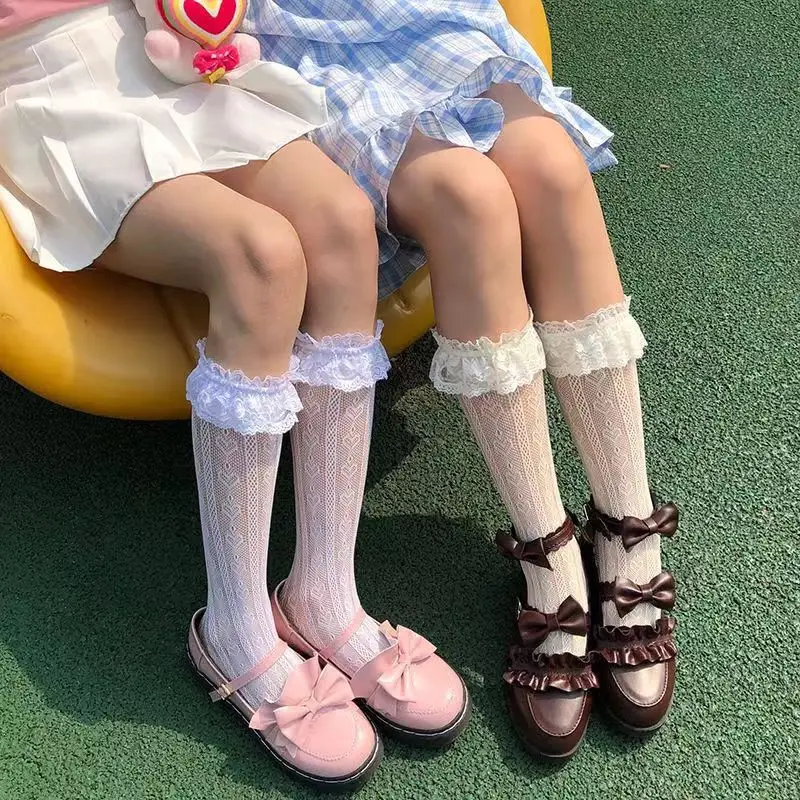 Women's Summer Spring Cotton Socks Thin White Lolita Lace Stocking Black Jk Bow Sweet Mid-leg Calf Socks Sweet Style Girls Gift